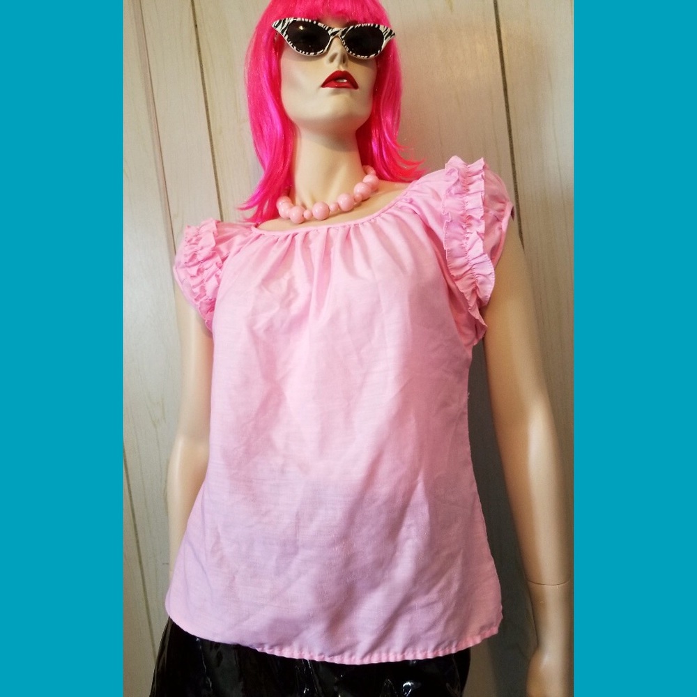 VTG 70s BOHO MOD Barbie Pink Puffy Ruffle Sleeve Top